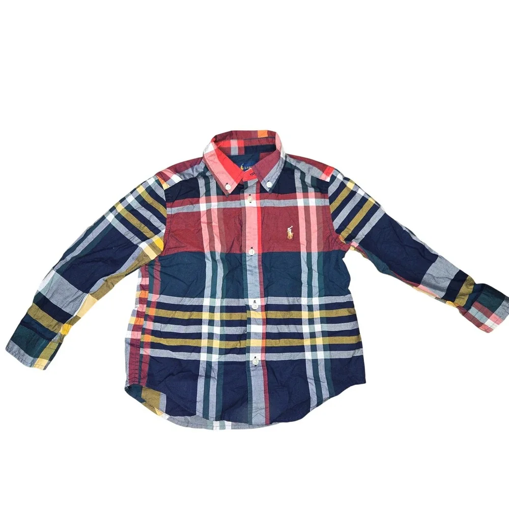Ralph Lauren Boys 3T Plaid Button Down Shirt Natural Stretch Navy Red Multi clt